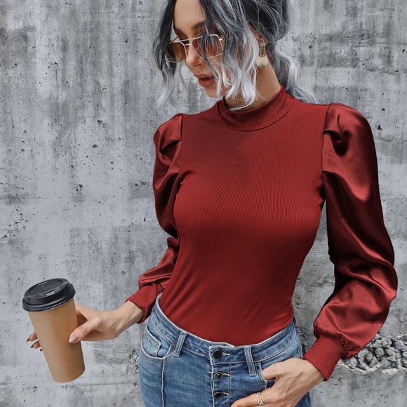 Boho Pink Ribbed long sleeve puff top Satin Minimalist - Picture 3 of 13